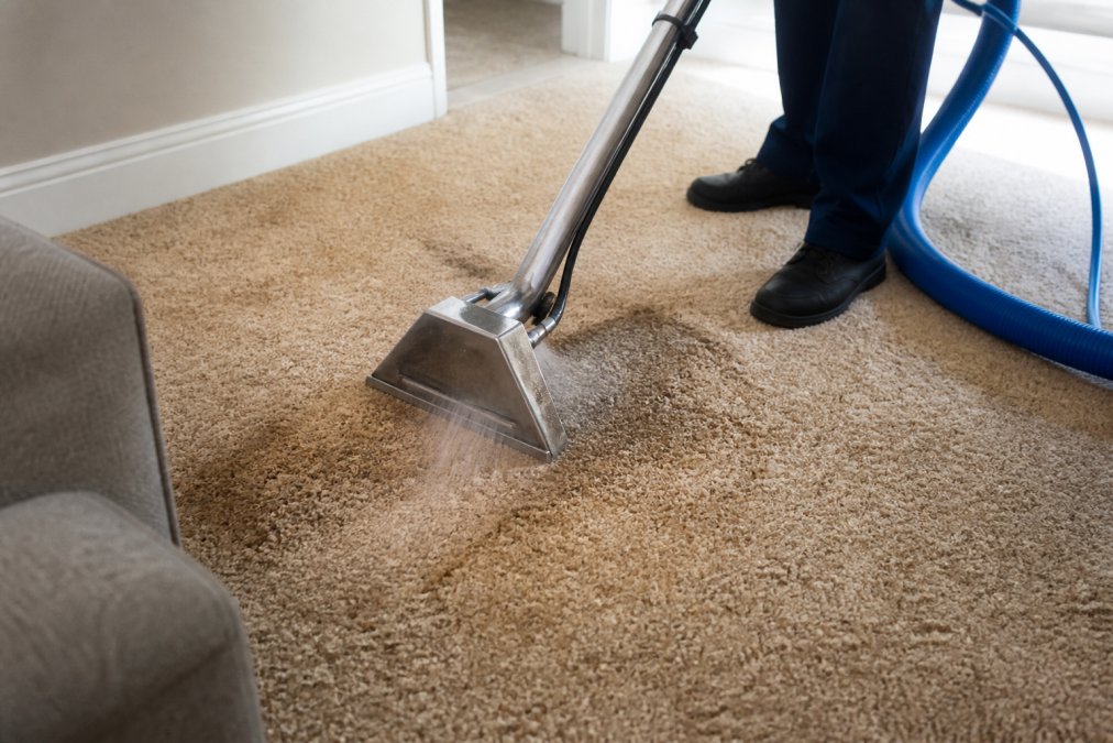 Professional technician using hot water extraction equipment on carpet stain, demonstrating deep cleaning technique with focused water spray pattern