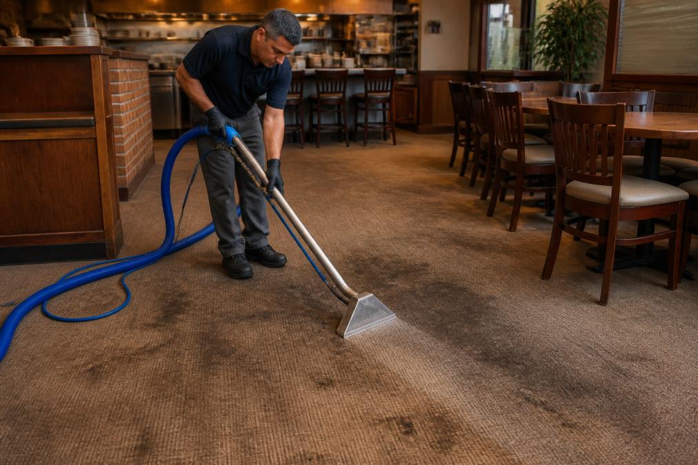 Professional technician operating a heated extraction machine on a heavily soiled restaurant carpet in a dining area with grease stains visible on the fibers