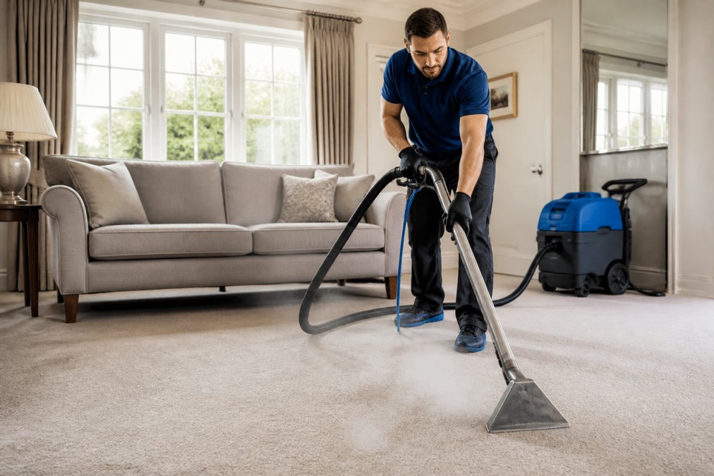 Professional technician operating hot water extraction equipment on residential carpet, with visible steam and water extraction hose in action, bright natural lighting from windows