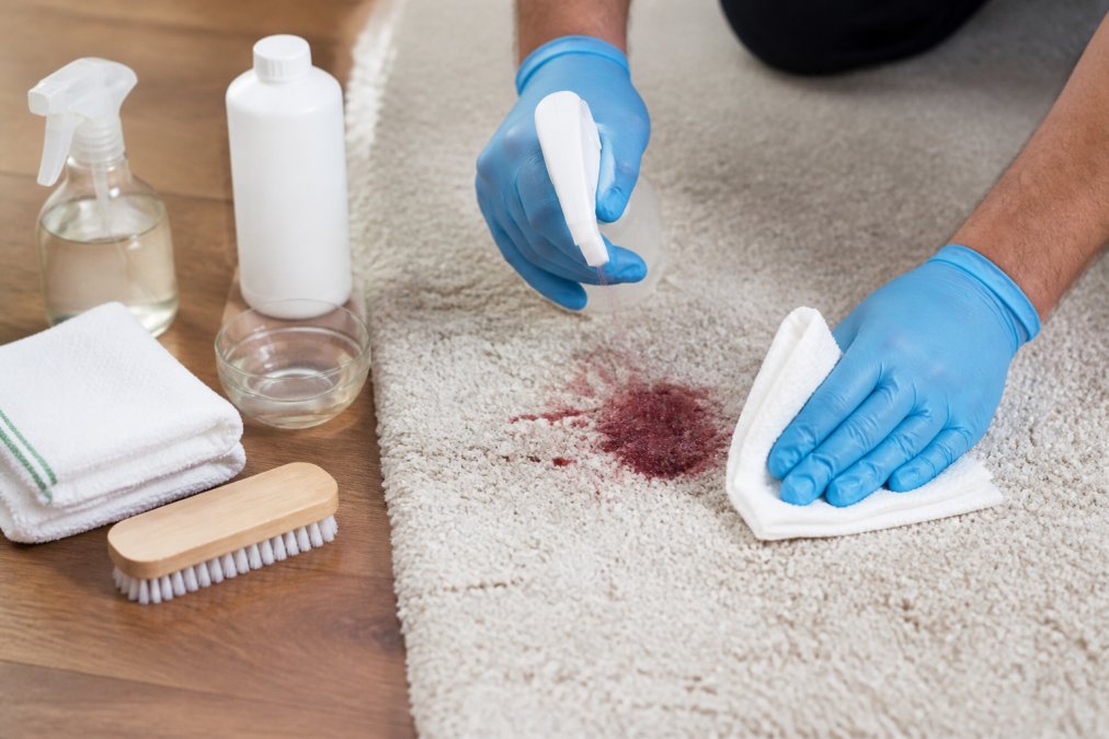 Close-up of hands wearing protective gloves applying spot treatment solution to a red wine stain on light-coloured carpet, with blotting cloth, spray bottle, and cleaning supplies arranged nearby on wooden surface