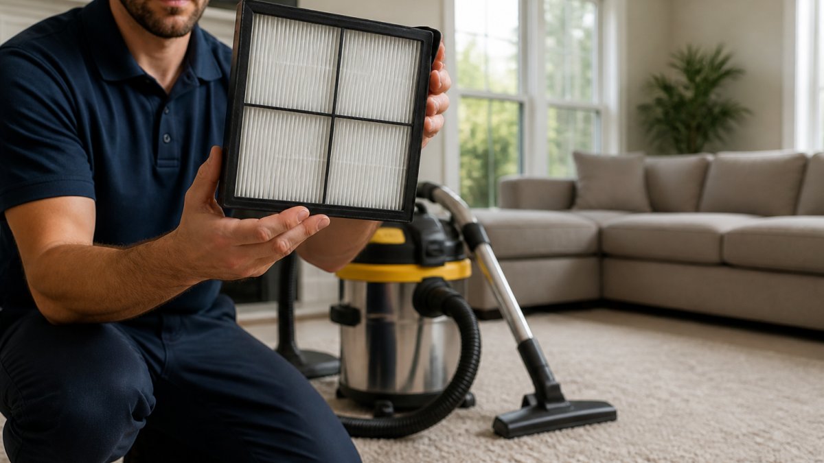 Professional carpet cleaner holding up a HEPA filter to natural light, showing the fine mesh structure, with cleaning equipment and carpet in background
