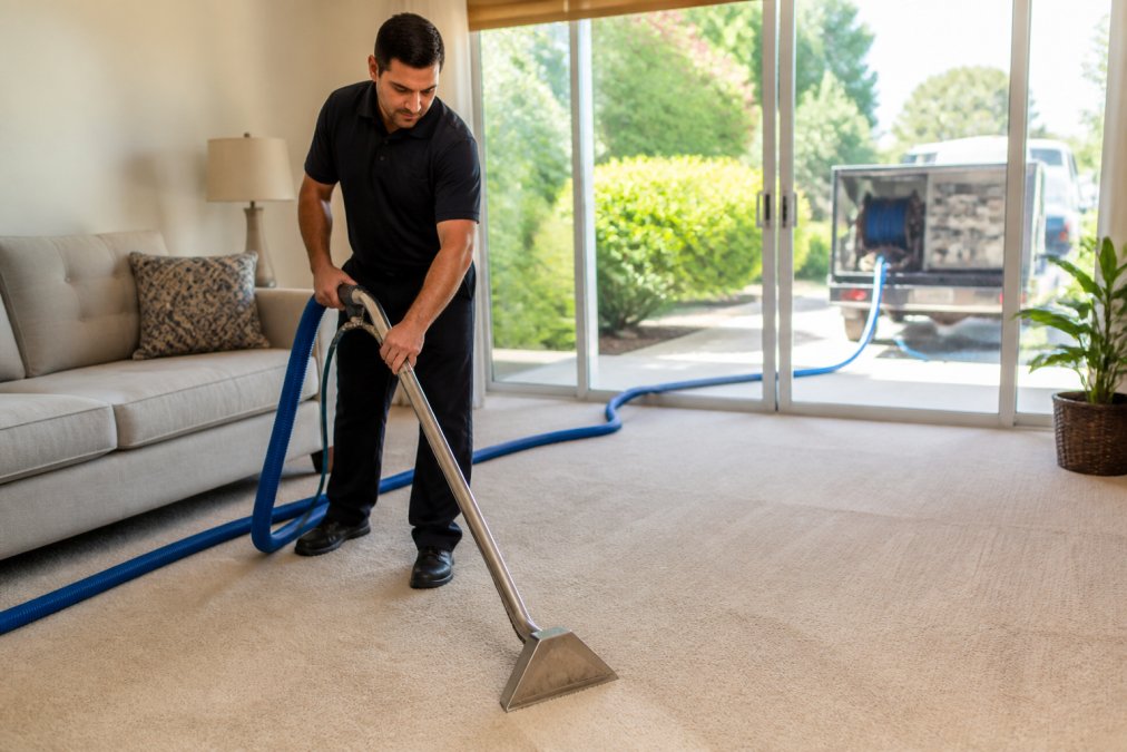 Professional technician in a bright living room guiding a hot water extraction wand across a beige carpet, with a clear hose running to a truck-mounted unit outside the sliding glass door