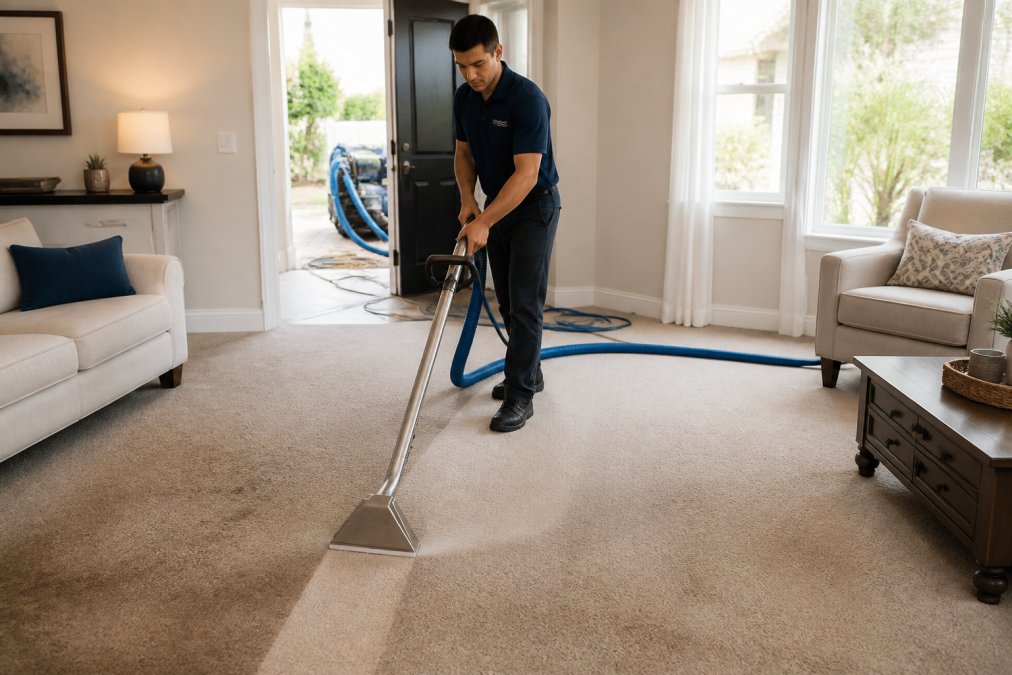 A professional carpet cleaning technician using a truck-mounted extraction wand on a visibly soiled traffic lane in a bright living room, with clean carpet visible behind the wand