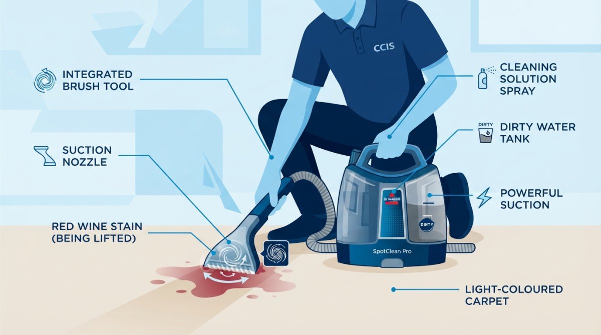 Close-up of a property manager using BISSELL SpotClean Pro portable machine on a light-coloured rental carpet with visible red wine stain, showing the integrated brush tool in action