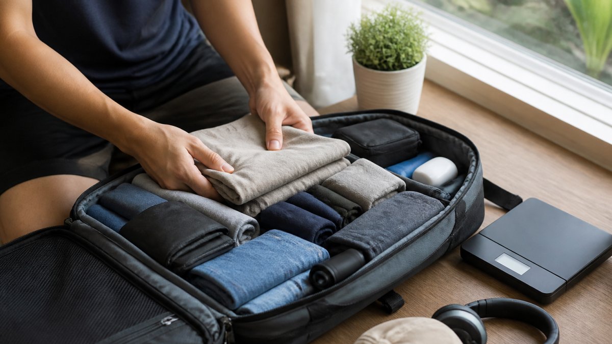 Traveller organising neatly folded clothing and essentials in an open backpack with a digital scale nearby showing weight measurement, bright natural window lighting