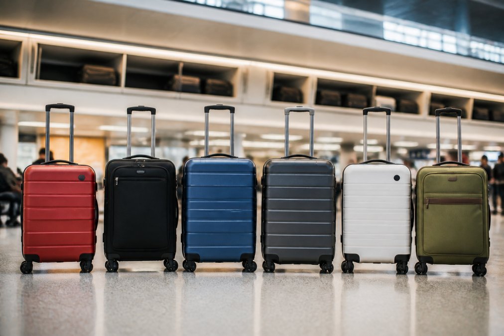 Several carry-on suitcases of different colors and styles lined up side by side on a clean airport terminal floor, with overhead bins visible in the background and soft overhead lighting