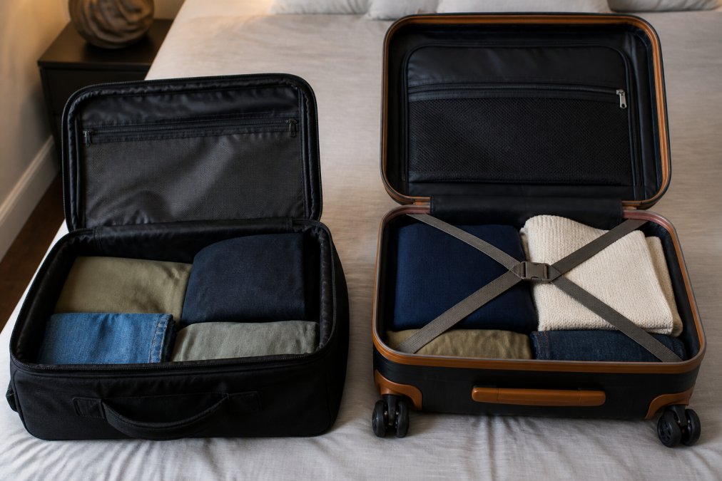 Close-up of a traveler's hands loading a neatly packed hardside carry-on suitcase with compression straps visible inside, placed on a hotel bed with warm ambient lighting