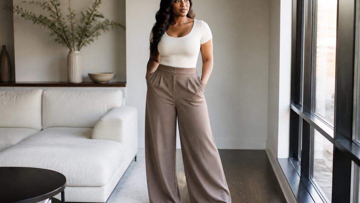 A tall, curvy woman standing confidently in wide-leg pants and a fitted top, full body shot in a bright modern living room with natural light, pants reaching the floor