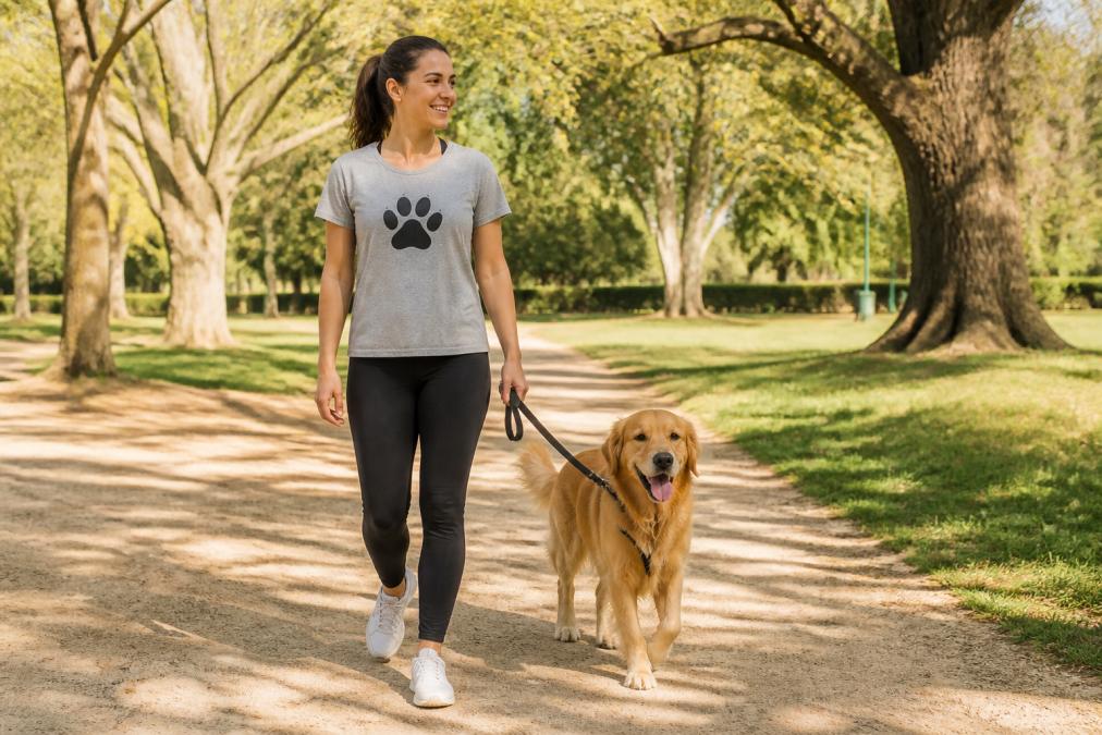 A woman in her 30s wearing a graphic dog mom t-shirt, black leggings, and white sneakers, smiling while holding a dog leash in a sunny park with trees in the background