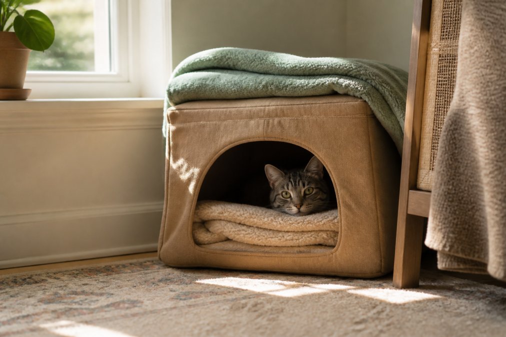 A cozy cat hide box tucked in a quiet corner with soft blankets and a gray tabby cat peeking out from inside, warm natural lighting streaming through a nearby window