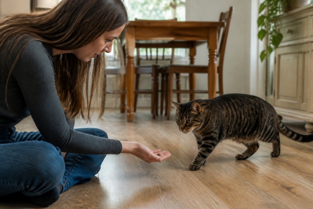 A person sitting on the floor at cat eye level, hand extended gently with a treat, a shy tabby cat cautiously approaching with alert but relaxed body posture, soft natural lighting in a home setting
