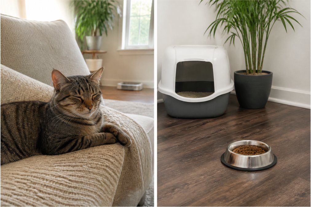 A relaxed tabby cat resting on a cozy sofa in a bright living room, with a clean litter box and food bowl visible in the background