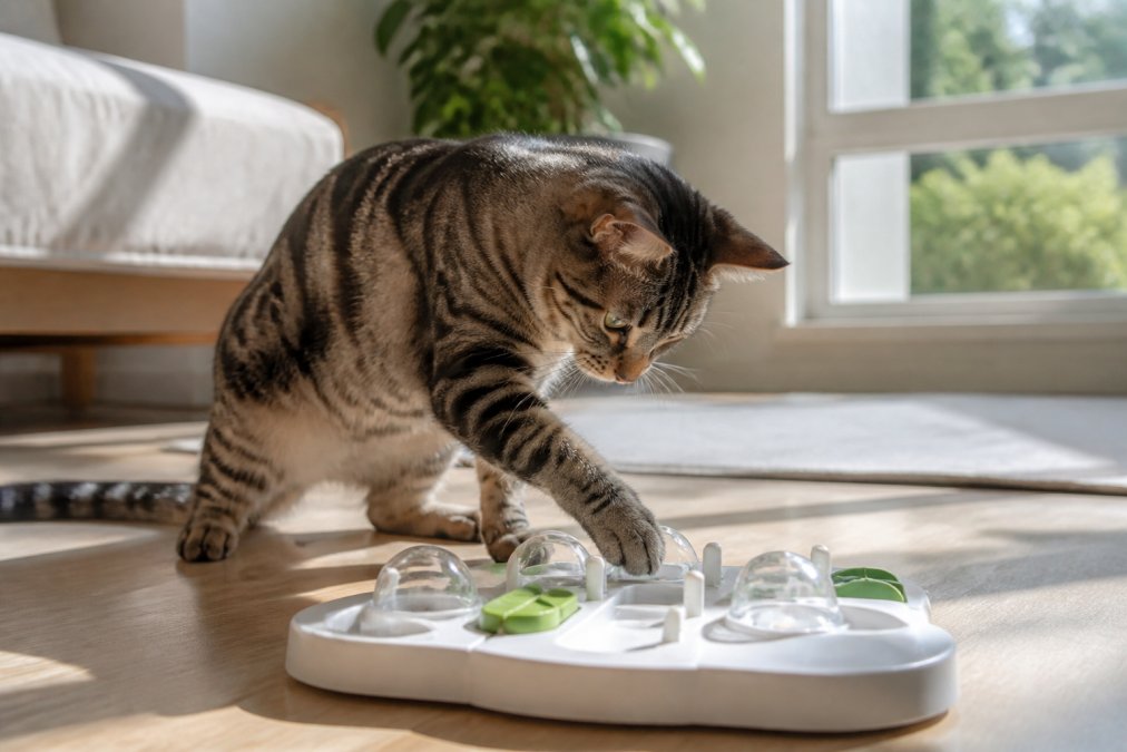 Indoor cat intently focused on a puzzle toy, paws batting at moving pieces, sitting in bright natural light from a window in a modern living room