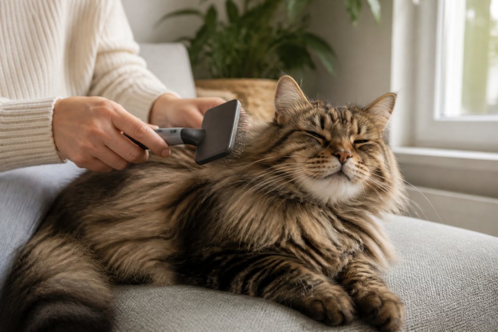 A close-up of a person's hand gently brushing a calm, fluffy cat with a slicker brush in a bright, warm living room with soft natural light coming through a window