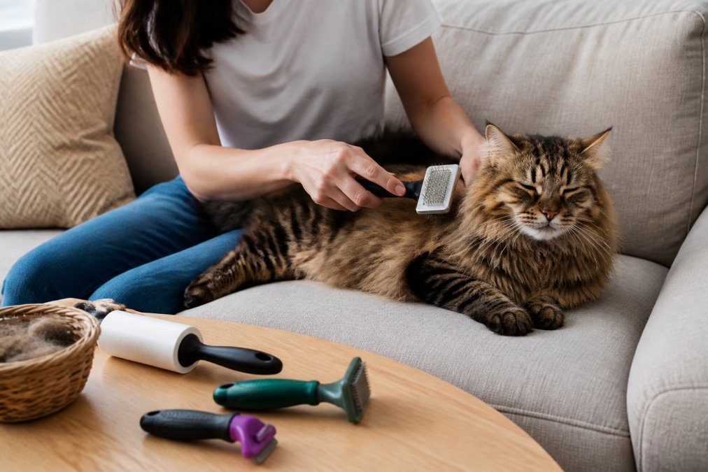 Step-by-step guide on using cat grooming brushes to remove shed fur from long-haired cats on a sofa