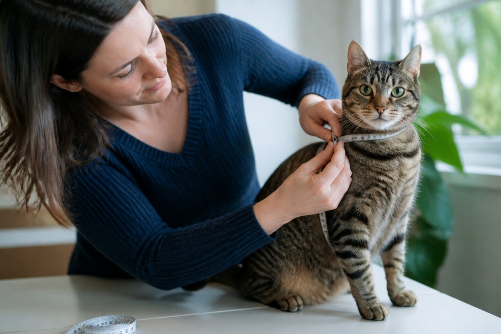 Close-up of hands gently measuring a tabby cat's neck and girth with a soft fabric measuring tape, cat sitting calmly on a white surface with natural window lighting