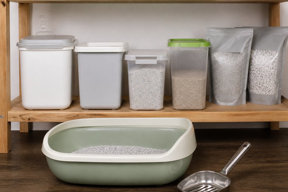Close-up of several cat litter containers and bags arranged neatly on a wooden shelf, with a clean open litter box and a metal scoop resting in the foreground against a light white background