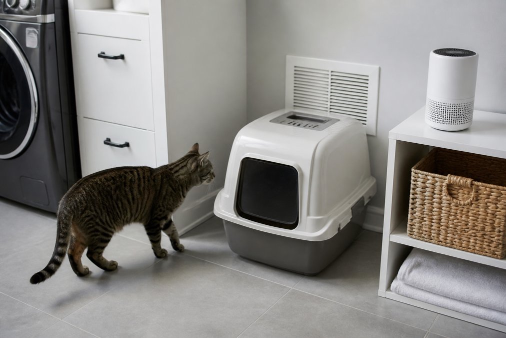 A tidy, well-lit laundry room with a covered litter box placed near a wall vent, a small air purifier sitting on a white shelf nearby, and a tabby cat approaching the box on clean light gray tile flooring