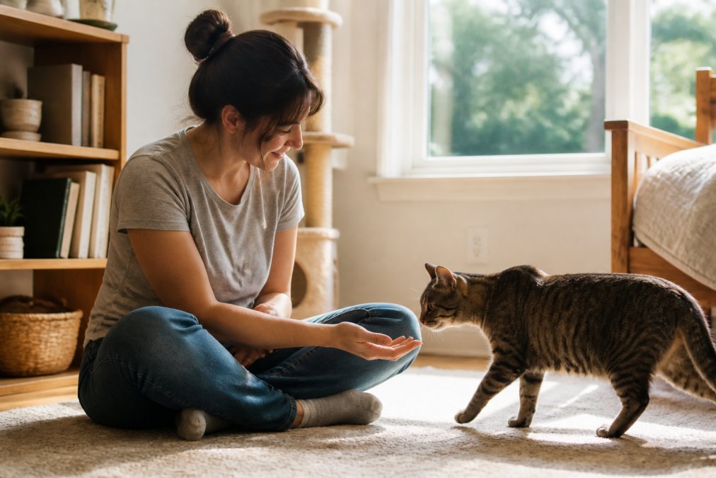 A professional cat sitter sitting cross-legged on a living room floor, gently reaching toward a curious cat that is approaching her hand, soft natural window light illuminating the scene