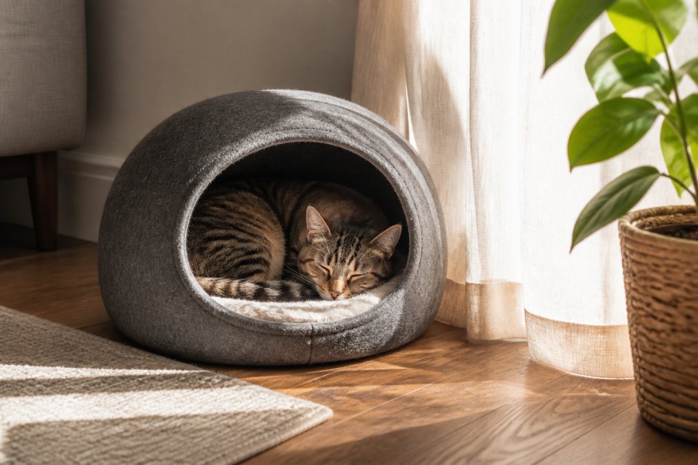 An anxious tabby cat peacefully curled up inside a semi-enclosed cave bed in a quiet corner of a sunlit living room, with soft natural light filtering through nearby curtains