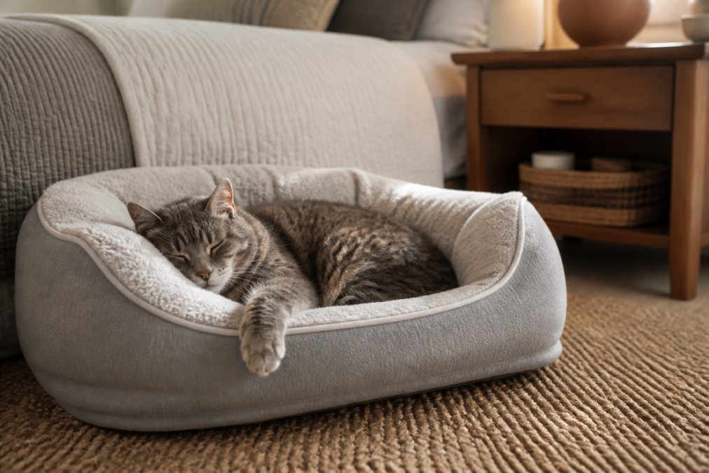 A senior gray cat resting peacefully on a plush, thick orthopedic bed with visible padded sides and deep cushioning, in a warm, softly lit bedroom corner