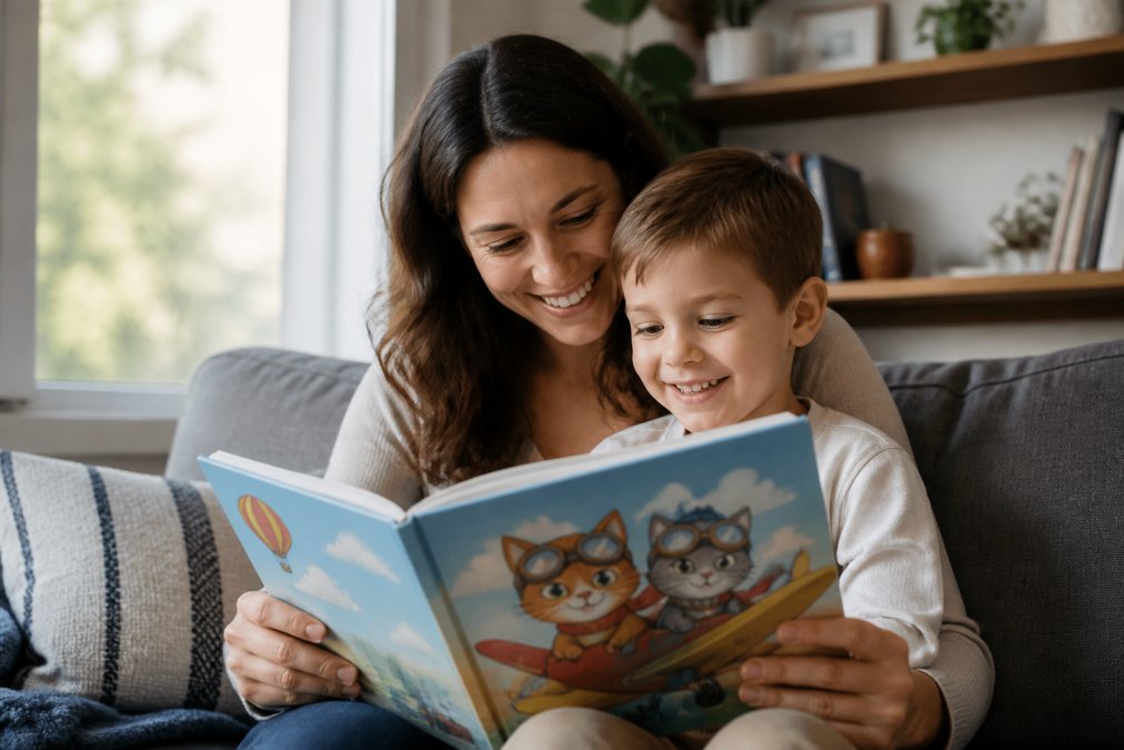 A parent and young child reading a colorful hardcover book together on a couch, both smiling, with illustrated cat characters visible on the open pages, warm natural window light