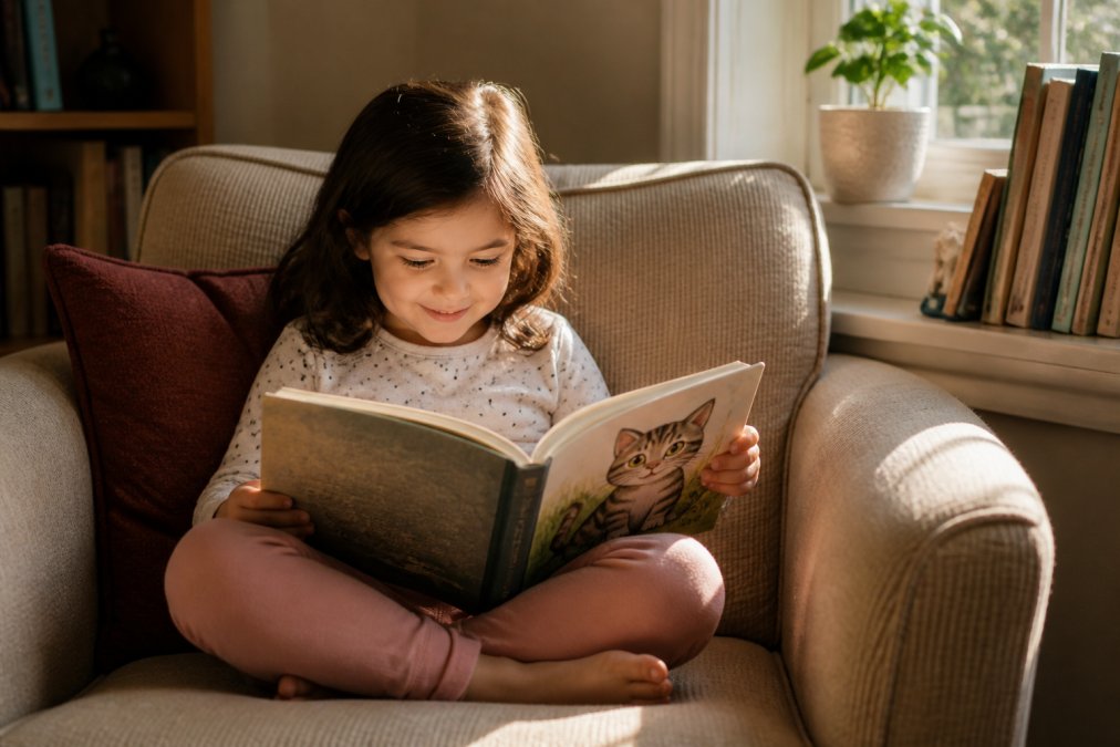 A young child sitting cross-legged on a cozy reading nook chair, holding an open picture book with a cat character on the cover, smiling in warm afternoon light