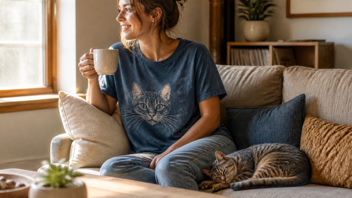 A person wearing a relaxed garment-dyed cat graphic tee, holding a mug in a cozy sunlit living room with a cat curled on the sofa nearby
