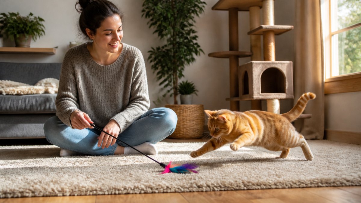 A person sitting cross-legged on a living room rug, sweeping a feather wand toy along the floor while an orange tabby cat crouches mid-pounce, a tall beige cat tree visible in the background, warm afternoon light through a window