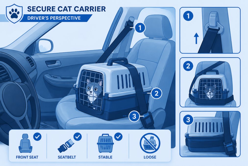 Cat carrier properly secured in vehicle back seat with seatbelt threaded through bottom attachment loops and side handles, showing correct positioning from driver's perspective