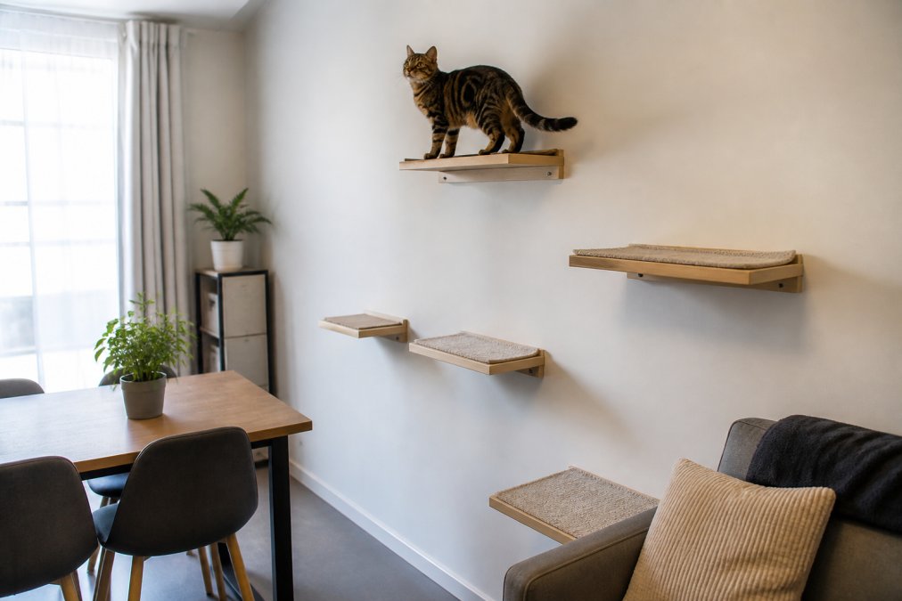 Tabby cat climbing and perching on wall-mounted shelves at different heights in a small apartment corner, with modern furniture visible below to show space constraints