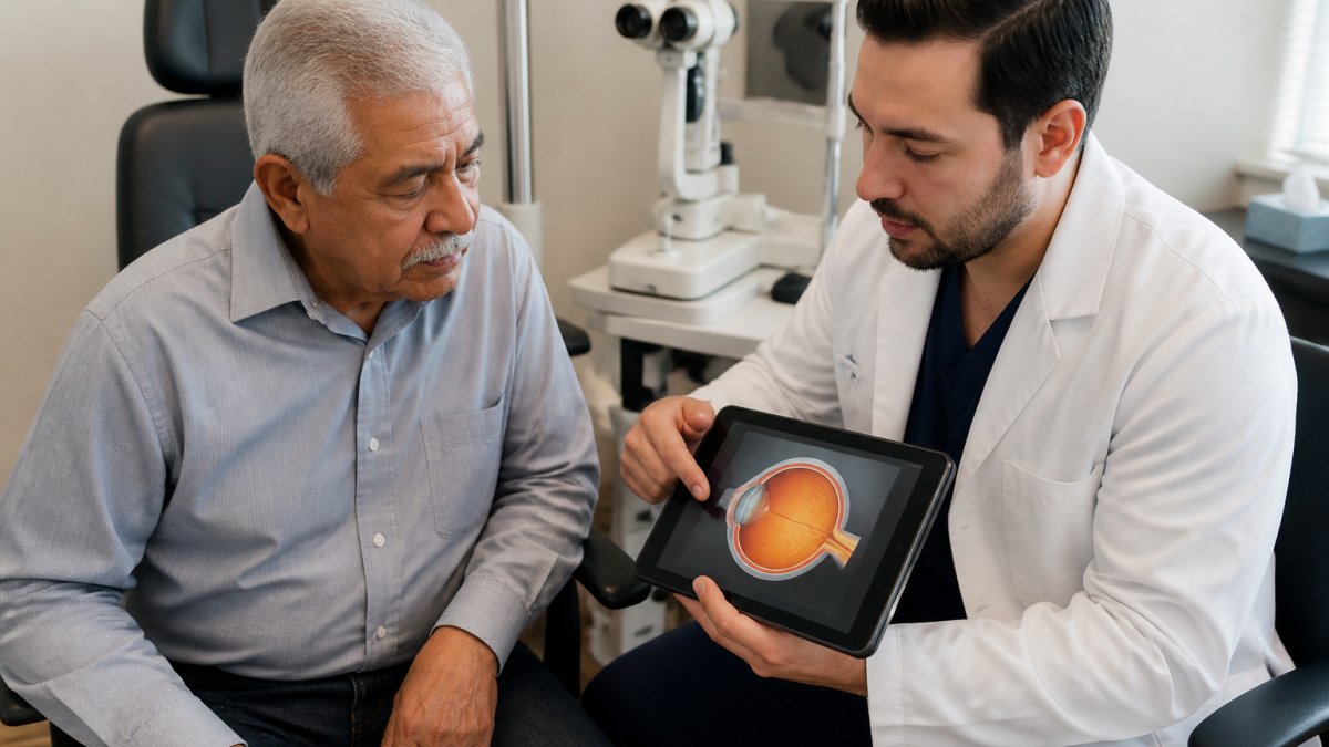An older adult patient sitting in a consultation room with an ophthalmologist, both looking at a digital tablet showing a diagram of an eye, warm and professional clinical setting