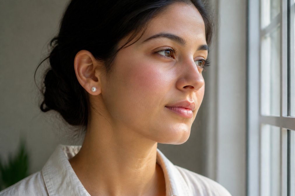 Woman wearing delicate freshwater pearl stud earrings with visible nacre luster, photographed in natural daylight near a window, showcasing the pearl's shine and quality