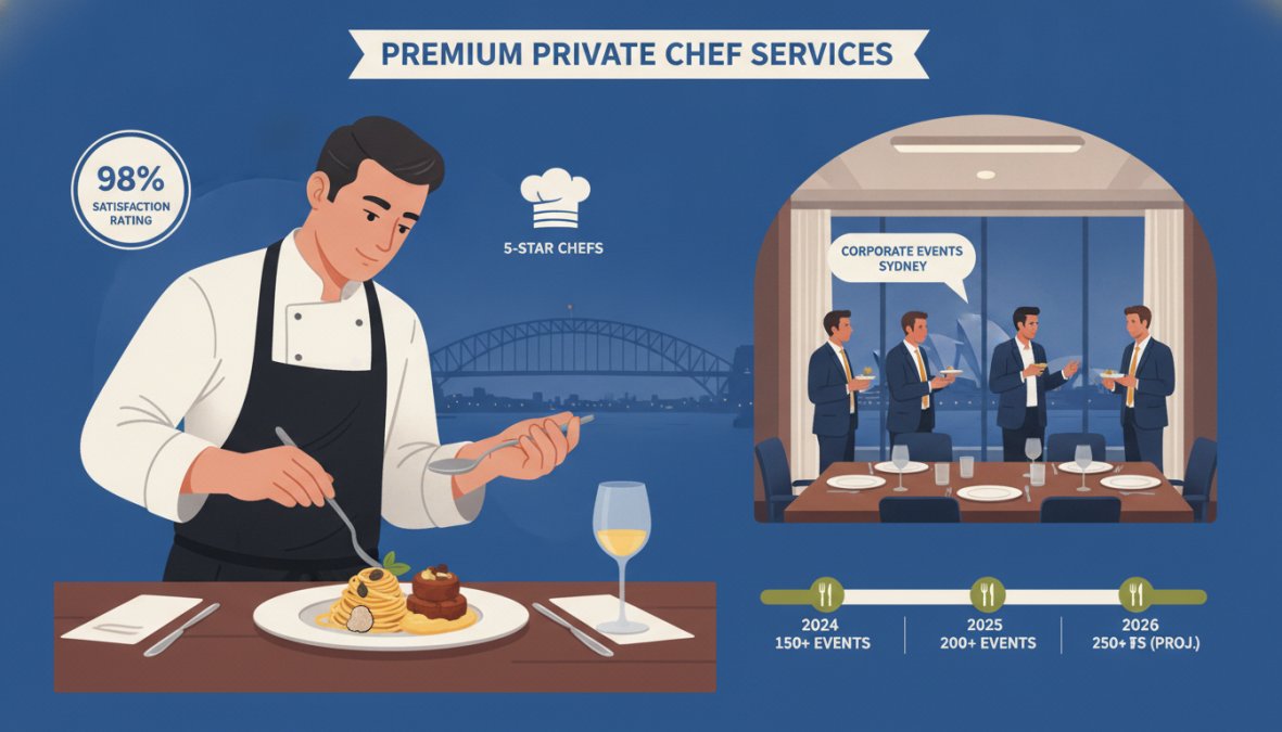 Professional private chef carefully plating authentic Italian gourmet dishes at an elegantly set corporate event table, with suited guests conversing in a warmly lit Sydney office boardroom in the background