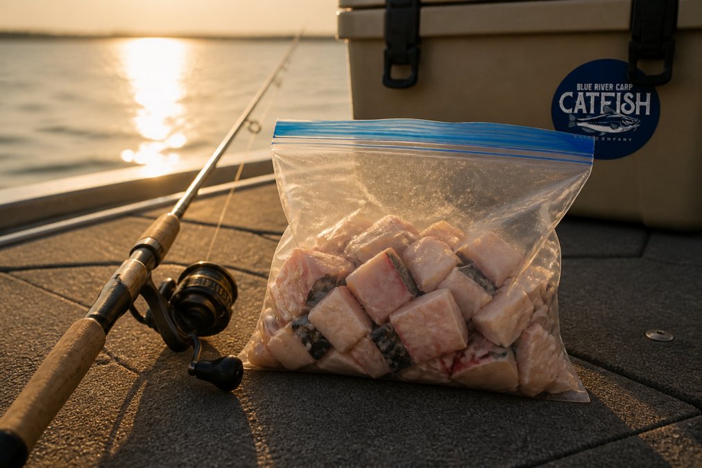Close-up of a resealable bag of pre-cut fish bait chunks sitting on a boat deck next to a fishing rod, with sunlight reflecting off the water in the background