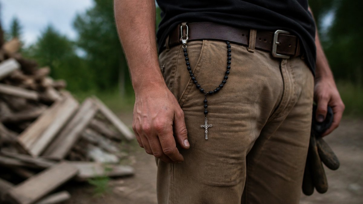 Man in work attire with belt rosary visible on left hip, crucifix secured over belt, showing practical daily wear in natural outdoor lighting