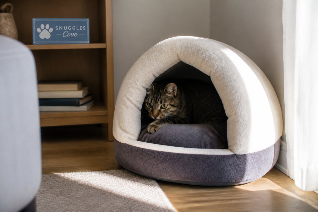 A nervous tabby cat cautiously peeking out from inside a plush cave bed in a quiet corner of a living room, with soft natural lighting