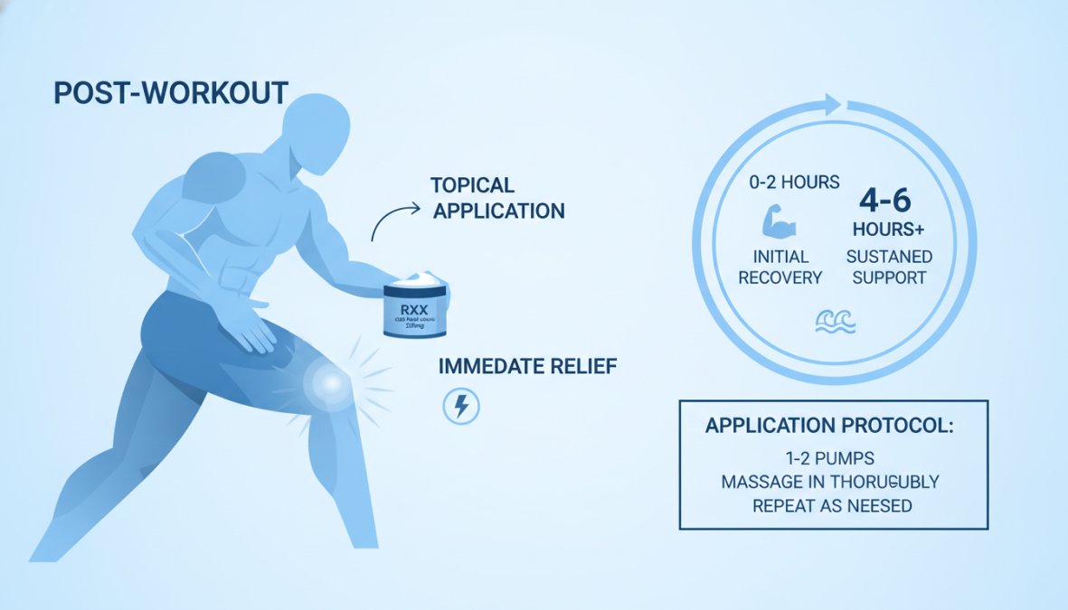 Athletic trainer applying CBD cream to athlete's leg muscle after workout, demonstrating proper massage technique with focused pressure on quadriceps, natural gym lighting
