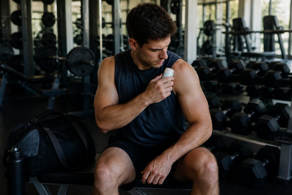 Athlete applying a CBD topical stick to their shoulder after a workout in a gym setting, with a gym bag and water bottle nearby