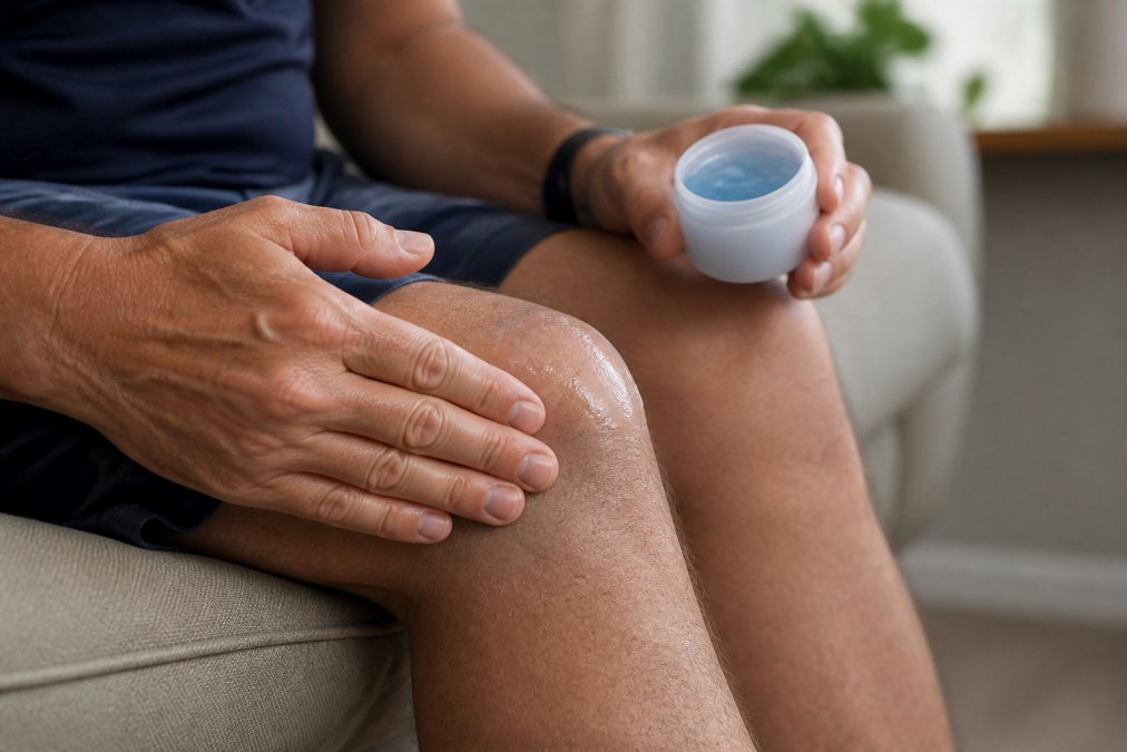 Close-up of hands applying a topical CBD freeze gel to knee area with visible joint, natural lighting showing the product texture and application method