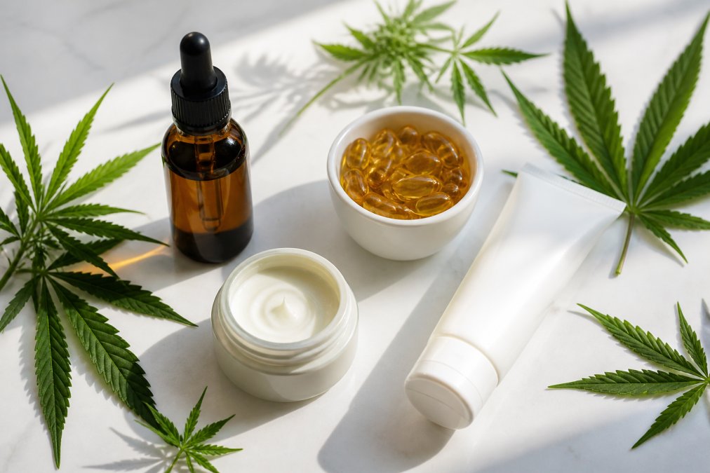 Flat-lay arrangement of various CBD product formats including tincture bottle, topical cream jar, softgel capsules, and freeze gel tube arranged on white surface with fresh hemp leaves