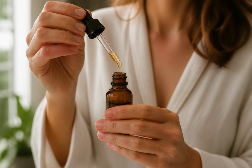 Hands holding an amber bottle of CBD for inflammation under soft window light