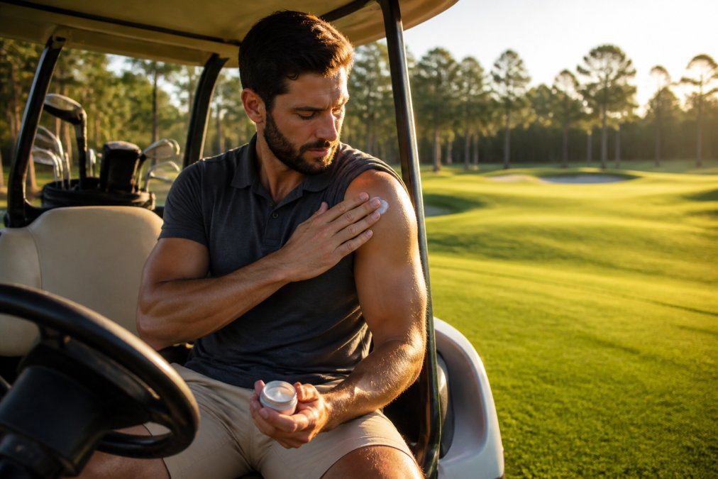 A golfer in athletic wear sitting on a golf cart and rolling a CBD topical onto their shoulder after a round, with a sunlit fairway and tree line visible in the background, golden hour lighting