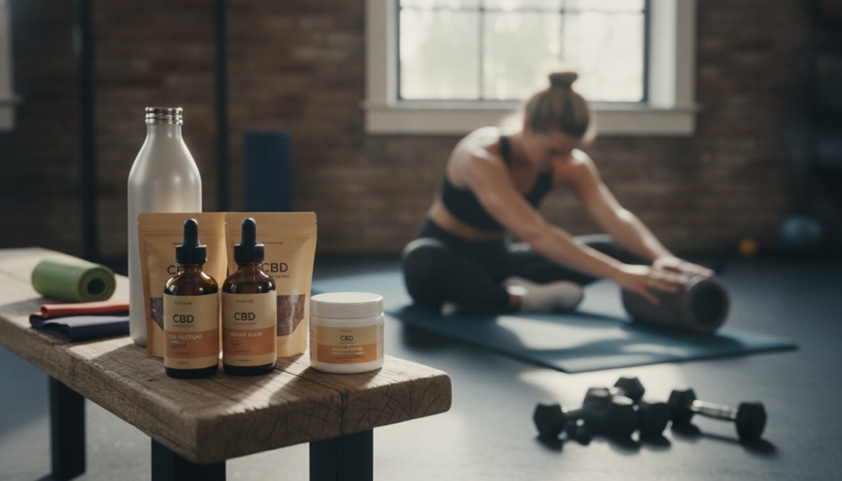 Athlete in athletic wear applying white topical CBD cream to sore shoulder muscle after intense workout in a well-lit gym, with weight equipment visible in background