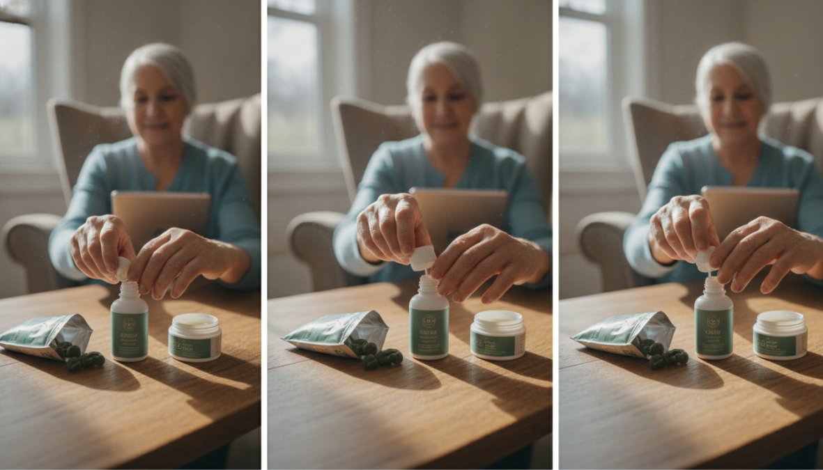 Close-up of an older adult's arthritic hands pressing a roll-on applicator against their knee in a warm sunlit living room, demonstrating easy self-application