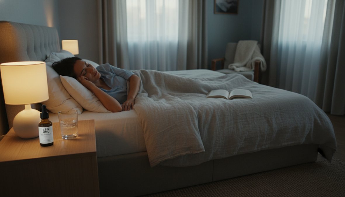 Person lying peacefully in a softly lit bedroom with eyes closed, a small CBD oil tincture bottle and glass of water on the nightstand beside them, suggesting a calming nighttime routine