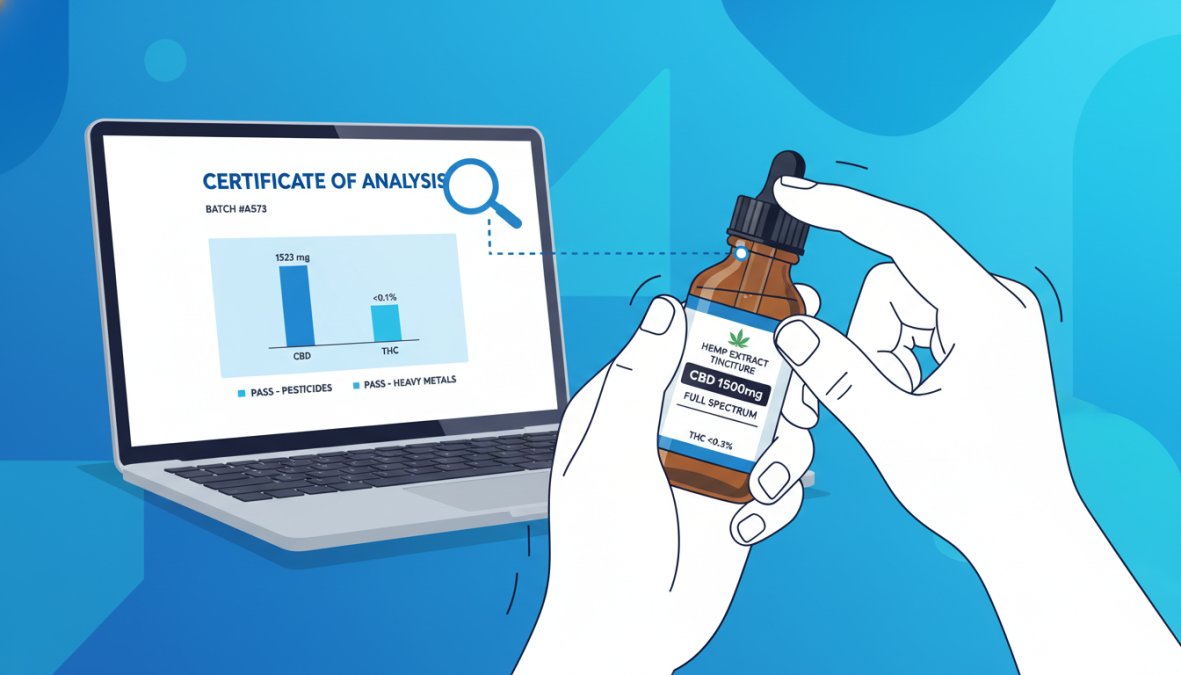 Close-up of hands holding a small CBD oil bottle, examining the label carefully, with a laptop open in the background showing a lab testing certificate of analysis page