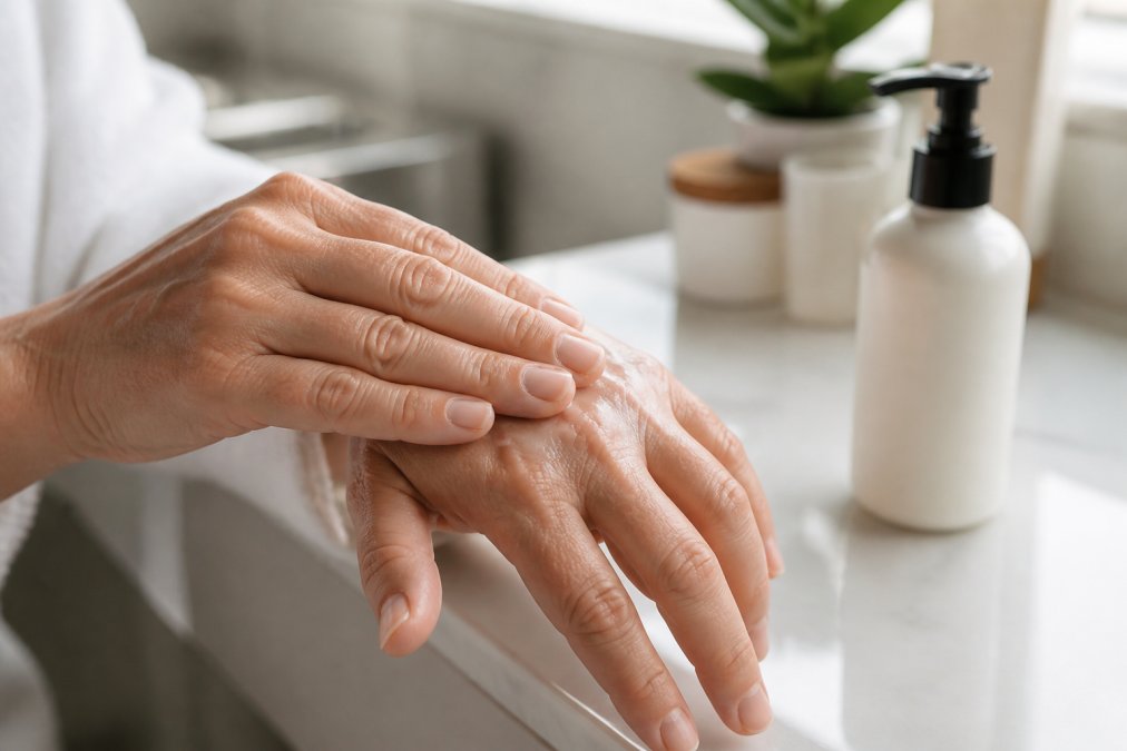 Person massaging one of the best CBD lotion brands for hand arthritis into their knuckles and finger joints
