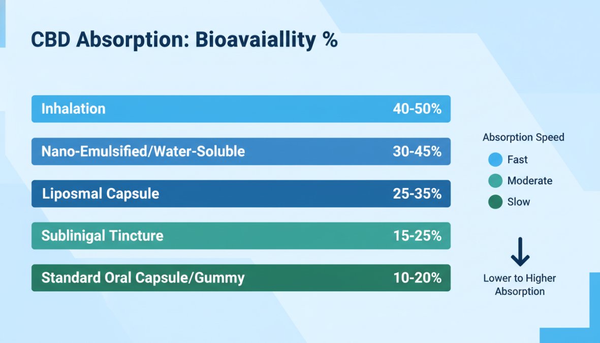 Custom infographic comparing bioavailability percentage ranges across delivery methods: sublingual tincture, nano-emulsified/water-soluble, liposomal capsule, standard oral capsule/gummy, and inhalation, displayed as a horizontal bar chart with color coding by absorption speed
