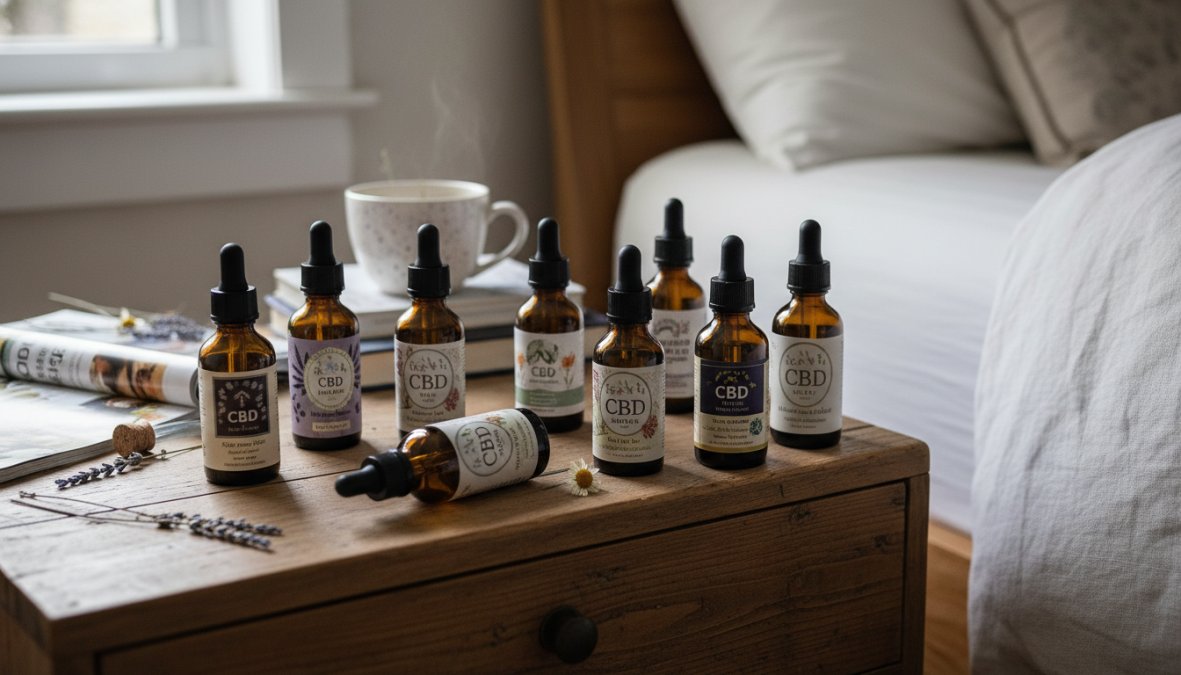 Flat lay of nine CBD oil tincture bottles arranged on a white marble surface alongside a glass dropper and small white label cards, soft studio lighting casting gentle shadows, clean clinical aesthetic